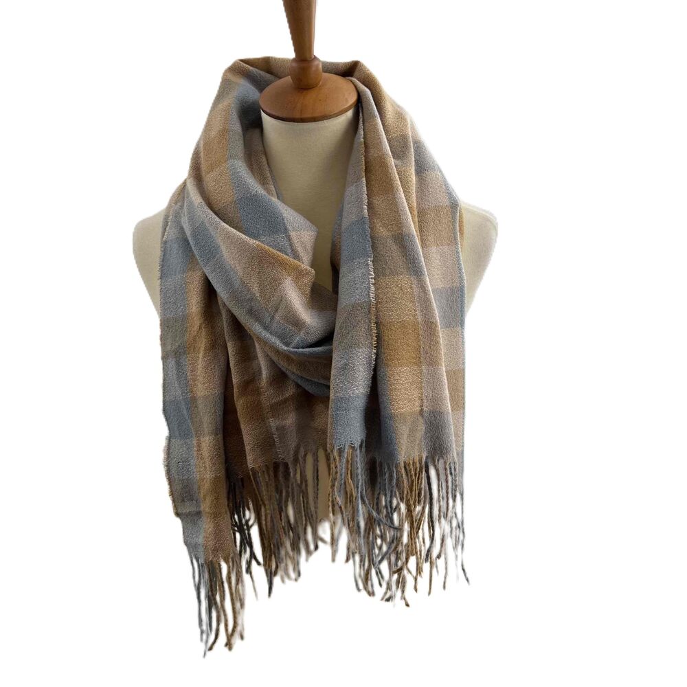 Hat Attack Scarf Plaid Scarf Blue Tan Fringe Ends Blanket Scarf‎ New